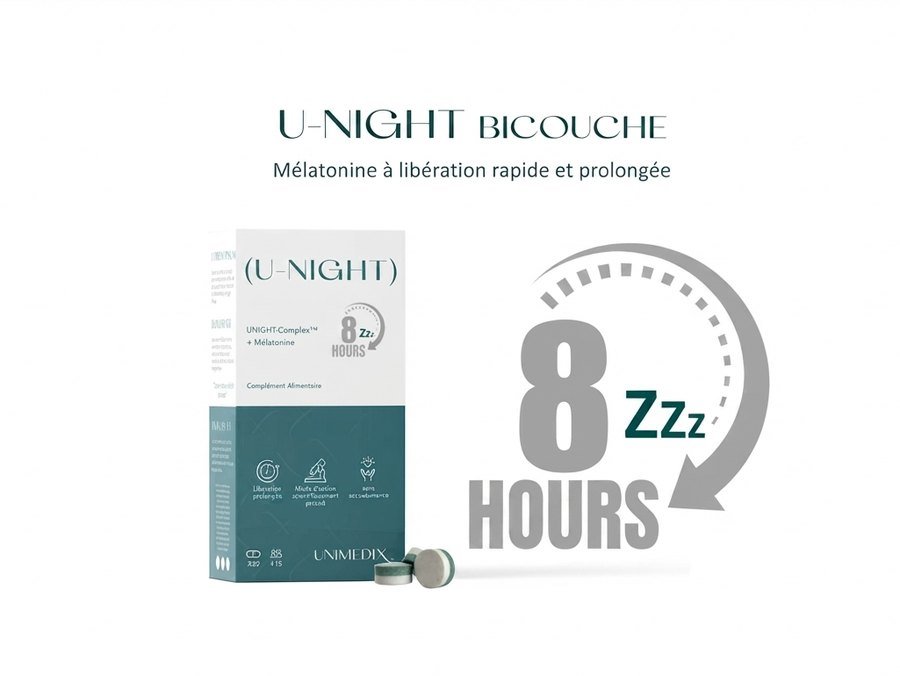 U-NIGHT Bicouche, mélatonine à libération rapide et prolongée.